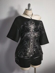 SHEIN ICON Plus Size Women's Y2K Vintage Grunge Style Cross Print Loose Fit Oblique Shoulder T-Shirt Halloween