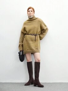女士新款时尚通勤休闲系带扣粗跟英伦骑士摩托车中筒靴 - 咖啡棕 - 查看 11