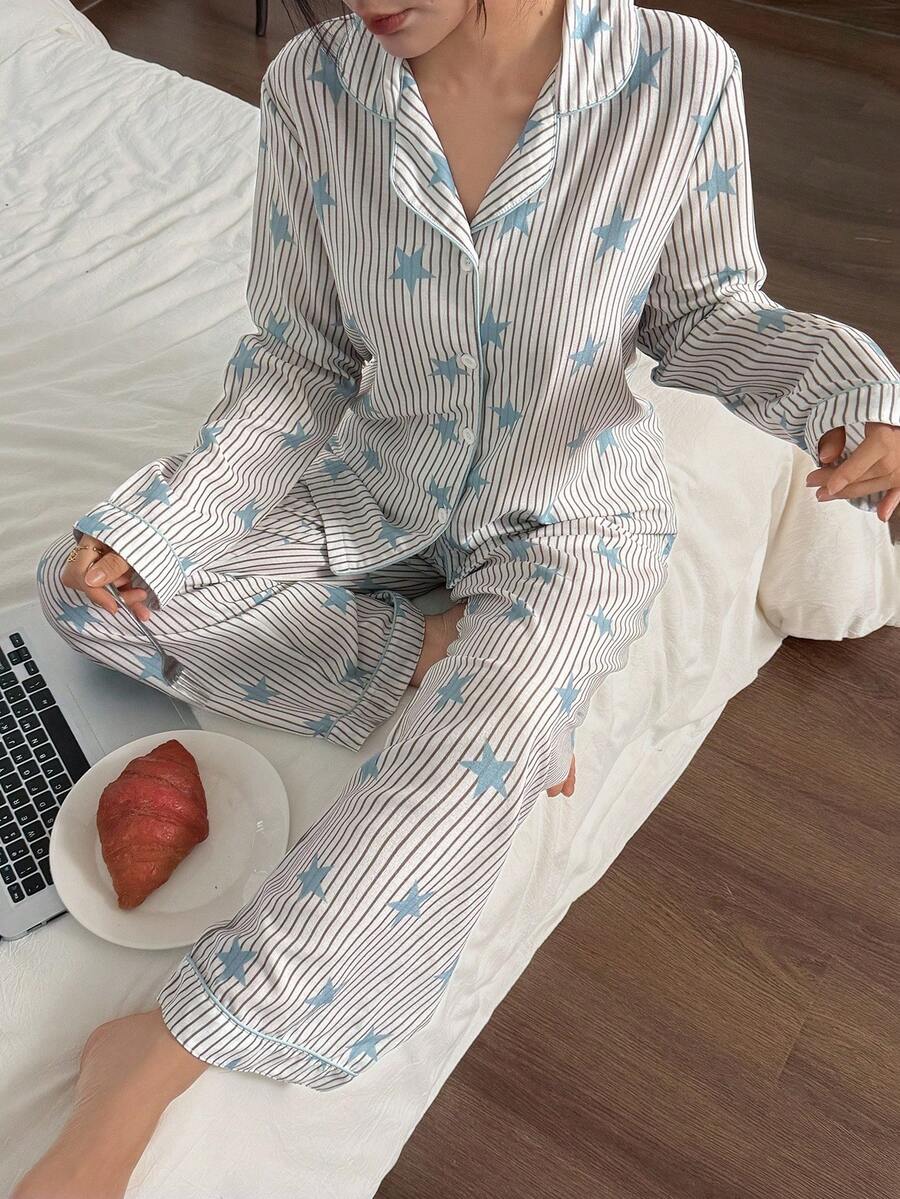 SHEIN 星条印花翻领长袖女士睡衣套装，秋季服装 - 藍色 - 查看 1