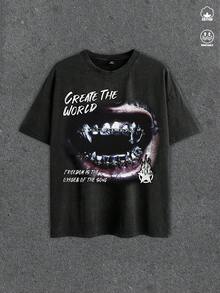 Manfinity ZONE917 ZONE917 破烂吸血鬼牙齿标语图案黑色 T 恤 - 黑色 - 查看 7