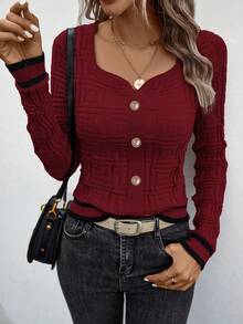 EMERY ROSE Suéter ajustado con ribete de contraste, casual y apropiado para el transporte, otoño - Burdeos - Ver 6