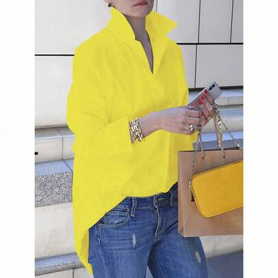 여성용 솔리드 컬러 캐주얼 루즈핏 긴팔 블라우스