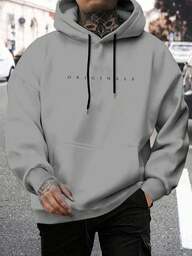 Manfinity Homme Men's Autumn Letter Print Long Sleeve Drawstring Hooded Casual Sweatshirt With Pockets Grey Hoodie Men Oversize Hoodie Mens Grey Hoodie Hoodie Mens Hoodies Casual