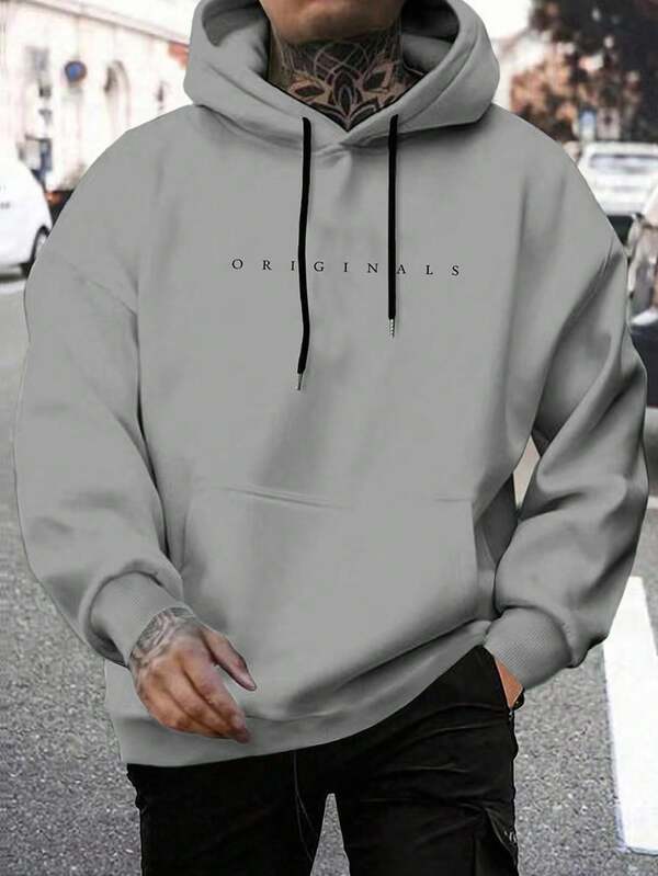 Manfinity Homme Sudadera casual con capucha, cordón, bolsillos y estampado de letras de manga larga para hombre en otoño