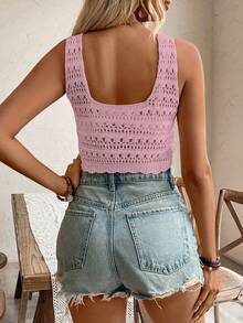 EMERY ROSE Women's Dusty Pink Solid Color Hollow Design Front Tie Sleeveless Knit Top,Summer Boho Vacation Holiday Crochet Crop Top - Baby Pink - View 2