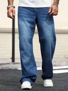 Manfinity Homme Plus Size Men's Loose Fit Pockets Wide Leg Casual Versatile Jeans - Blue - View 5