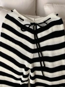 SHEIN EZwear Damen Hose mit Kordelzug in der Taille, gestreift, weites Bein, locker, Lässig, Strick