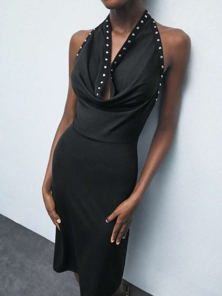 SHEIN Maija Black Elegant Plunging Neckline Knit Minimalist Fabric Fitted Plunging Neckline Sleeveless Silver Foil Dress Black Slay Diva Dress Chain Dress Halloween Clothes New Year Christmas Dress Halloween Costume Women New Year Women Wedding Guest Dress  Women Dresses Autumn Winter Cozy Fall And Winter Clothes For Women Elegant Dresses For Party Black Dresses For Women Winter Dresses For Women Beach Outfit For Women  Long Party Dress Black Dress Stylish Clothing Collection New Year Dress