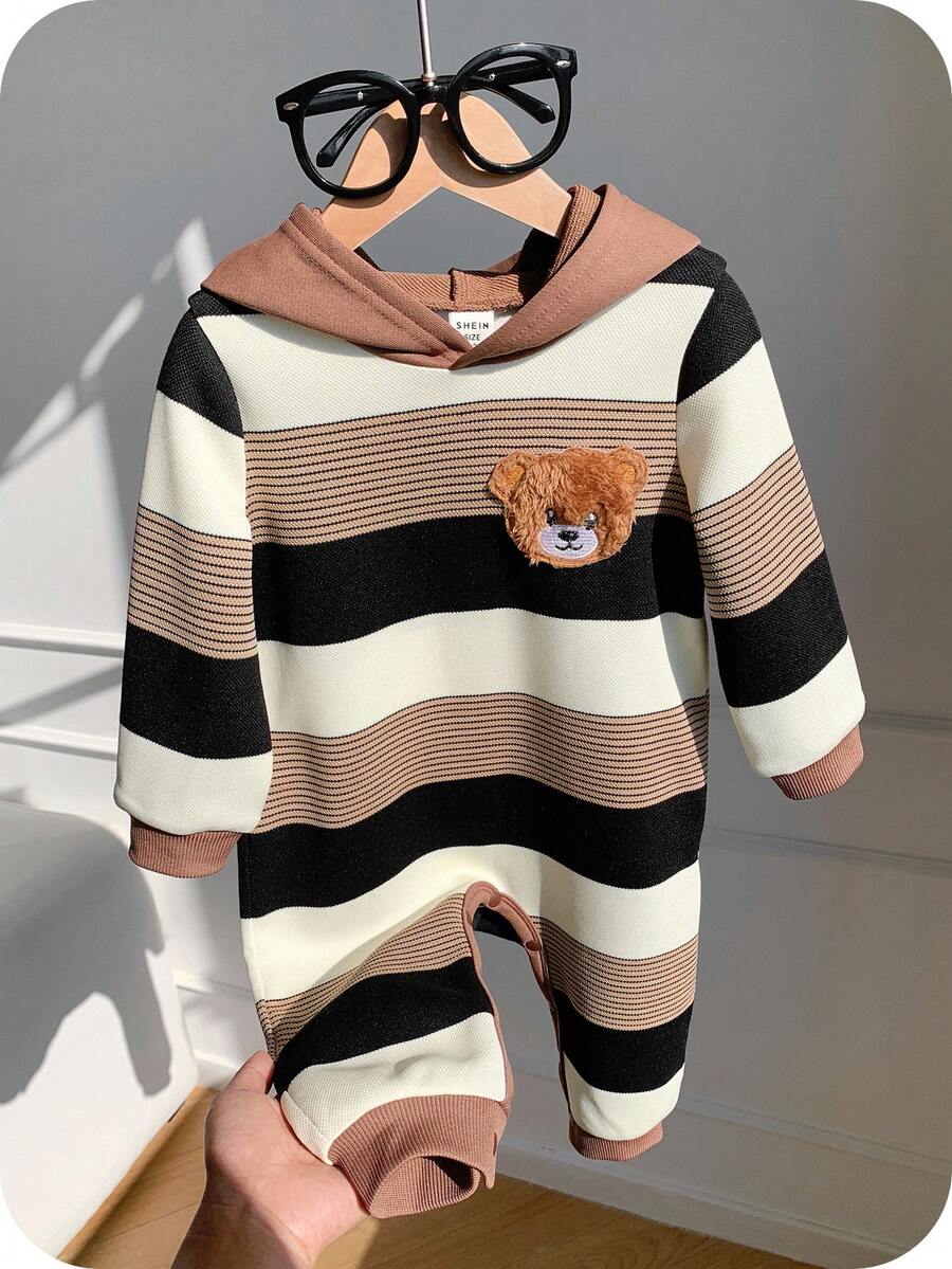 SHEIN 新生儿男女宝宝可爱秋冬休闲条纹卡通熊图案连帽抓绒连体衣，卡其色条纹婴儿服装，新生儿男女宝宝冬季服装，男宝宝服装，熊条纹男宝宝套装，男宝宝连帽连体衣 - 彩色 - 查看 1