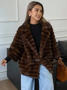 DAZY 厚绒毛领优质女士冬季外套夹克蓬松大衣 - 棕色 - 查看 3