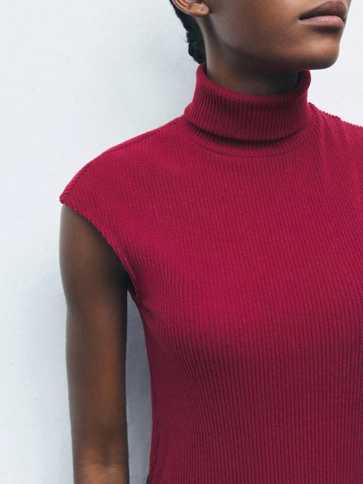 SHEIN Maija Vestido de punto acanalado de manga larga con hombros caídos en color vino tinto, estilo urbano moderno para mujer, otoño