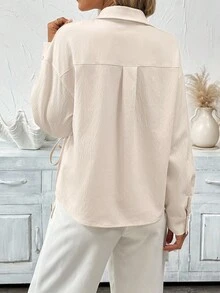 SHEIN LUNE Camisa de mujer de manga larga con cordones de unicolor casual, uso diario básico, camisa con botones y lazos de otoño/invierno, elegante ropa de calle de otoño para mujeres, casual para el aeropuerto, top para salir, estilo campestre elegante - Albaricoque - Ver 2