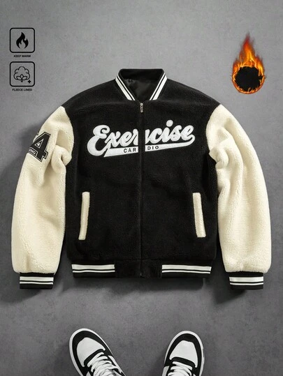 PAVTROS 男士字母图案撞色拉链休闲棒球夹克，秋冬季棒球夹克抓绒夹克男士学院风夹克街头风夹克保暖内衬夹克字母男士夹克