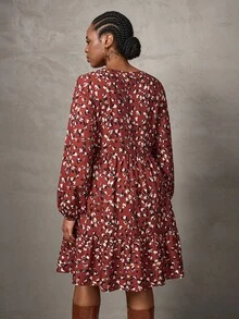 SHEIN Tall CURVE Plus Size Women Allover Print V-Neck Lantern Sleeve Ruffle Hem Casual Loose Dress - Orange - View 2