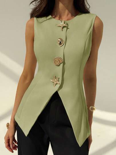 Aloruh 秋冬无袖圆领简约办公室通勤金属装饰女式西装外套