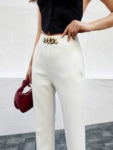 RueChic Chain Detail Slant Pocket Suit Trousers - White - View 1