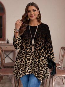 EMERY ROSE Plus Size Women Casual Asymmetrical Hem Round Neck Loose 3/4 Sleeve T-Shirt, Autumn/Winter Leopard Print Fall - Brown - View 5