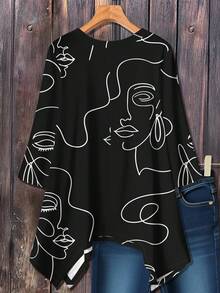 EMERY ROSE Casual Minimalist Line Face Graphic All-Over Print Loose Fit Long Sleeve T-Shirt, Suitable For Plus Size In Autumn/Winter - Multicolor - View 2
