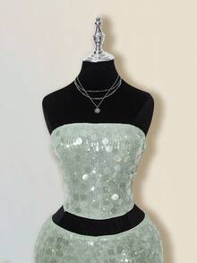SHEIN ICON Váy khiêu vũ dự tiệc cá nhân phong cách thiên niên kỷ Y2K đơn giản cổ điển lớn đính sequin thời trang hiện đại dành cho nữ Áo ống ôm sát Chân váy ngắn cạp thấp hông Bộ đồ màu xanh lá cây - màu xanh lá - Xem 3
