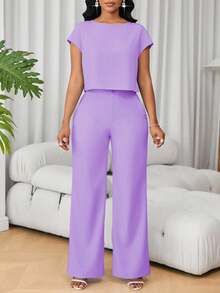 SHEIN Lunessa Bộ 2 món đồ thời trang nữ cổ tròn tay ngắn kiểu Pháp thường ngày và quần ống rộng cạp cao - Màu tím - Xem 5