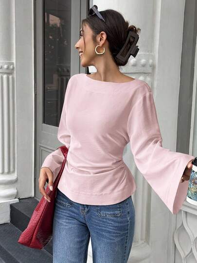 EMERY ROSE Women's Solid Color Boat Neck Flare Sleeve Pleated Fashion Blouse