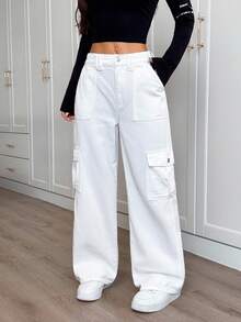 SHEIN PETITE 女式宽腿宽松休闲百搭工装牛仔裤 - 米色 - 查看 4