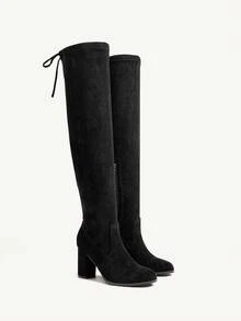 CUCCOO CHICEST 女士优雅性感百搭绒面革弹性及膝靴，蝴蝶结装饰，方头粗跟，适合约会、派对、工作、感恩节、圣诞节、万圣节 - 黑色 - 查看 2