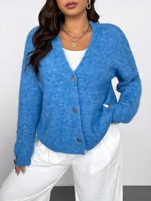 Vionelle Plus Size V-Neck Loose Knit Cardigan, Solid Color, Casual, Versatile, Elegant Sweater Top Winter Fall Autumn - Blue - View 6