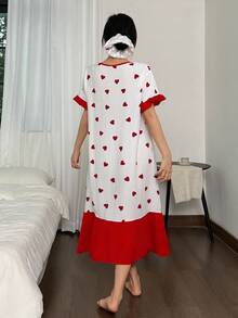 SHEIN Color Block Ruffle Trim Red Heart Print V-Neck Short Sleeve Nightgown, Moo Moo Night Dress - Red - View 3