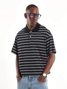 SUMWON 短款休闲经典短袖条纹 Polo 衫常规版型商务休闲办公室装度假度假领夏季春季上衣 - 黑與白 - 查看 5