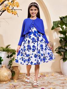 SHEIN Tween Girl Floral Print Dress & Ruffle Hem Jacket,Holiday,Summer,Travel