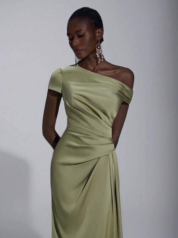 Elitara Elegant Luxurious Satin Ruched Off Shoulder Mermaid Dress, Suitable For Weddings, Parties, Vacations, Galas, Bridesmaid Dresses