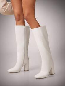 SHUZIA 女士时尚舒适及膝侧拉链粗跟靴 - 白色 - 查看 3