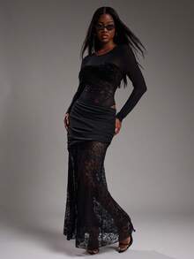 NYA SZN 裙摆高腰修身飘逸褶饰细节蕾丝性感外出夜场派对日常休闲仙女风可爱超长款秋冬适合女性通勤装 - 黑色 - 查看 4