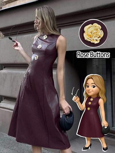 Pariaura Women's Elegant Burgundy PU Leather Sleeveless Dress,Round Neck Rose Gold Metal Buckle A-Line Autumn Dining Party Dress,Chic Wedding Guest Outfits