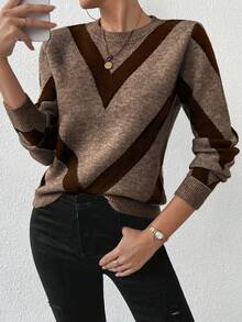 SHEIN LUNE 2024秋冬新款几何条纹套头毛衣棕色条纹毛衣秋季毛衣女毛衣棕色毛衣 - 彩色 - 查看 3