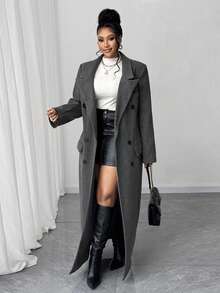 Maweii Premium Quality Tailored Waist Double-Sided Overcoat, Plus Size, Gray - Dark Grey - View 6