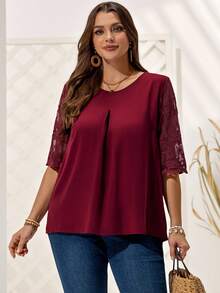 EMERY ROSE Blusa elegante holgada con cuello redondo y encaje de contraste, para verano, tallas grandes, estilo bohemio para mujeres - Burdeos - Ver 1