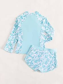 Camiseta protectora con estampado de hojas y cremallera frontal para niña preadolescente, para verano y playa