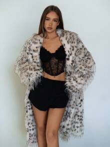 SHEIN ICON Women's Faux Fur Coat, Mid-Length Leopard Print Fluffy, Sexy Silhouette For Autumn/Winter - Multicolor - View 3