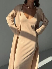 2 件套燕麦色极简时尚针织毛衣、细肩带修身针织连衣裙和长袖罩衫，秋冬 - 卡其色 - 查看 4