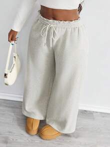 SHEIN PETITE CURVE 大码秋冬新款保暖内衬厚款休闲百搭高腰松紧腰宽松阔腿运动裤 - 灰色 - 查看 5