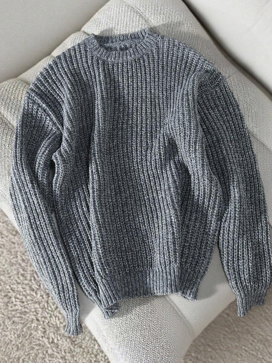 Claim Dot 男士时尚休闲圆领长袖套头毛衣，秋冬 - 深灰色 - 查看 1