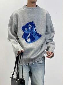 Claim Dot Men's Casual Cartoon Pattern Dropped Shoulder Loose Pullover Sweater, Autumn/Winter - Multicolor - View 1