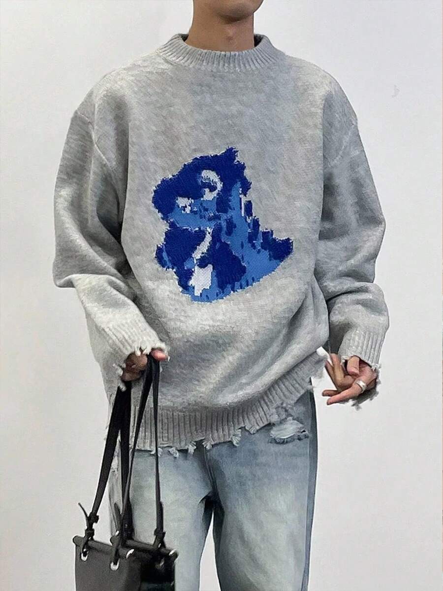 Claim Dot Men's Casual Cartoon Pattern Dropped Shoulder Loose Pullover Sweater, Autumn/Winter - Multicolor - View 1