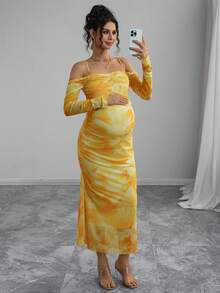 Momance Adjustable Waist Off-Shoulder Long Sleeve Tie-Dye Print Elegant Maternity Dress - Yellow - View 5