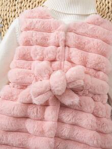 SHEIN 女婴粉色法兰绒无袖喇叭长款圆领可爱纯色设计秋冬外套