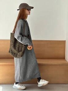 DAZY 少女纯色简约休闲圆领长袖连衣裙 - 灰色 - 查看 5