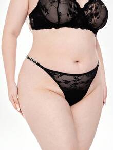 ROMWE J-Fashion 1 pieza Tanga sexy de encaje transparente con corazón brillante de rhinestone, talla grande, estilo Y2K - Negro - Ver 1