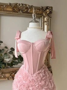 Lovelzi 优雅、浪漫、性感春夏粉色针织弹力吊带抹胸立体花卉面料迷你派对、女士端庄连衣裙、毕业礼服、婚礼派对、节日、舞会鸡尾酒会礼服、婚礼宾客礼服 - 粉色 - 查看 6
